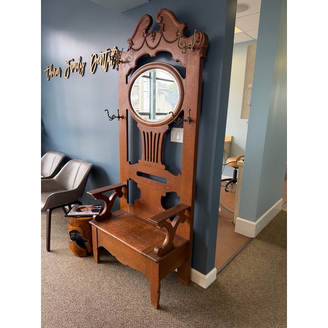 Wood Carved Hall Tree Antique Bench Seat Hang Coats Mirror Seat For Sale In San Francisco - Image 6 of 9