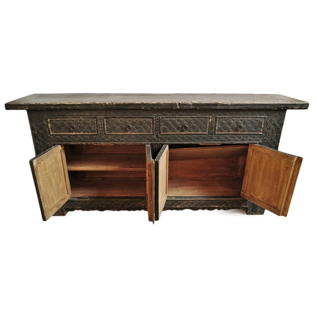 Boho Chic Vintage Black Carved Jilang Sideboard Credenza For Sale - Image 3 of 9