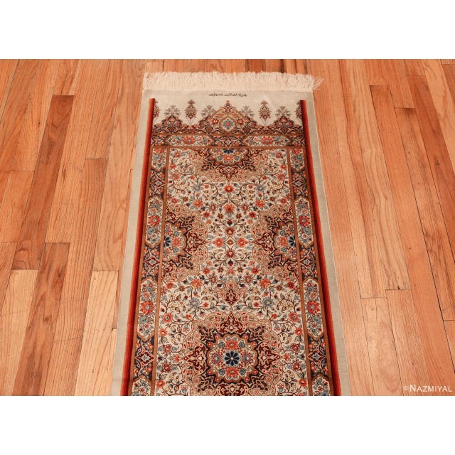 1950s Fine Silk Pile Floral Vintage Persian Qum Short Runner Rug For Sale In New York - Image 6 of 8