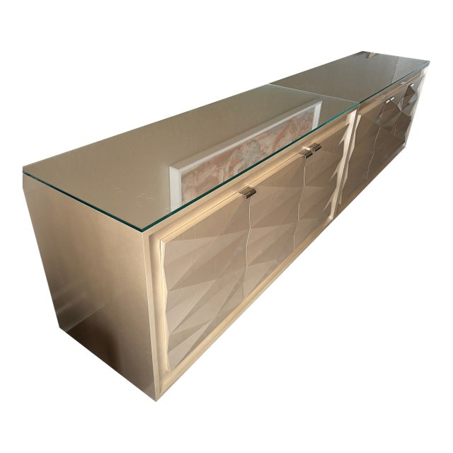 Pair of Contemporary Champagne Lacquered Buffets With Faceted Doors and Tempered Glass Tops For Sale