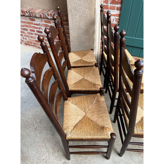 Vintage English Dining Chairs Set 6 Oak Ladder Back Rush Seat Woven For Sale - Image 12 of 18