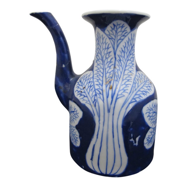 Asian Blue & White Cabbage Design Porcelain Cruet Pitcher or Small Teapot For Sale