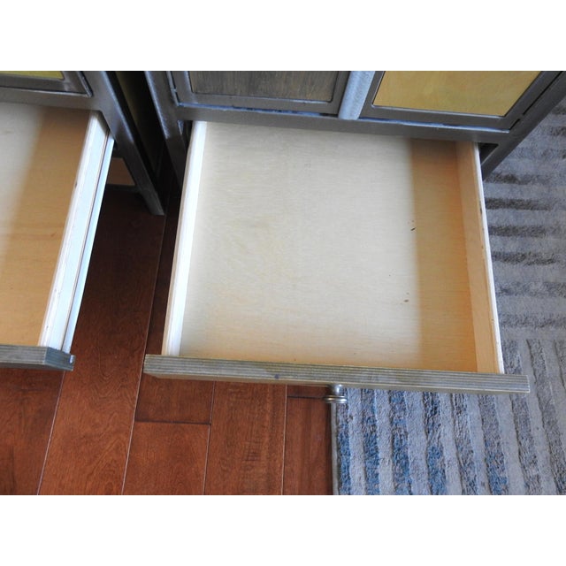 Pair of Venezia Furniture Industrial Modern Steel & Stained Wood Nightstands / End Tables With Glass Tops For Sale - Image 16 of 16