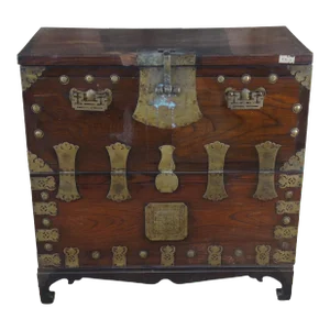 19th Century Antique Korean Joseon Dynasty Zelkova & Brass Bandaji Tansu Trunk Chest on Stand