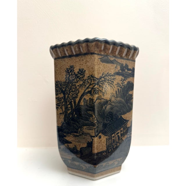 Japanese Vintage Chinoiserie Landscape Scene Glazed Ceramic Hexagon Vase, Taupe & Black For Sale - Image 3 of 12