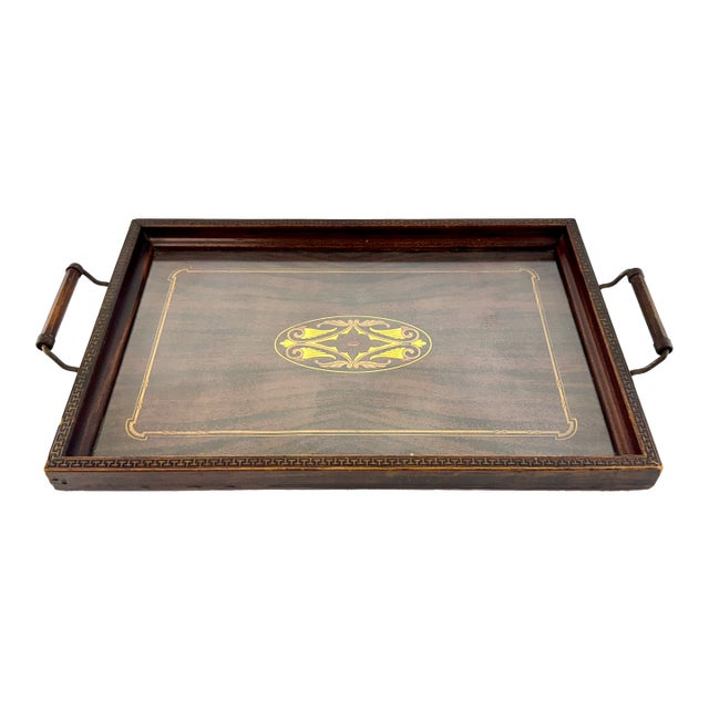 1960s English Regency Style Inlaid Mahogany Serving Tray With Greek Key Border and Wood & Brass Handles For Sale