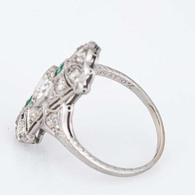 Silver Vintage Art Deco Emerald Diamond Ring Platinum Elongated Plaque Band size 6 For Sale - Image 8 of 8
