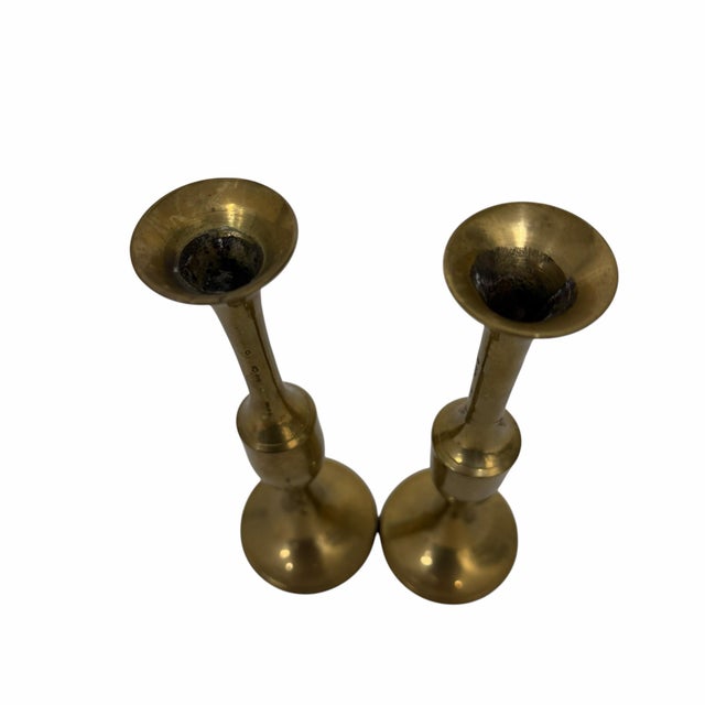 French Country Vintage Brass Candlestick Holders -a Pair For Sale - Image 3 of 4