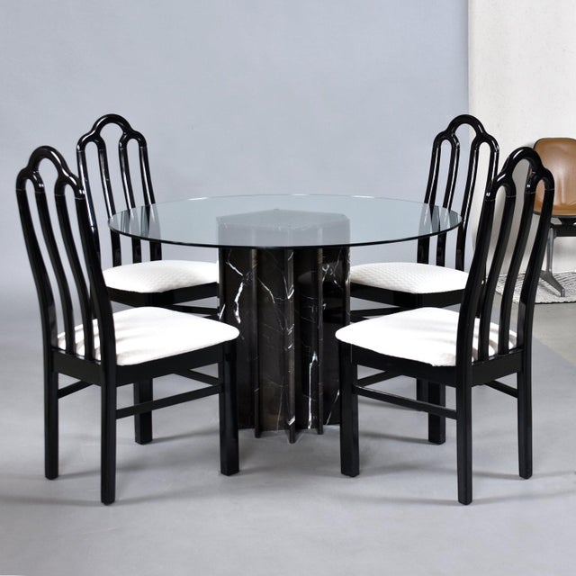 Art Deco Black and White Marble Base 4 Seat Dining Set With Round Glass Top For Sale - Image 6 of 18