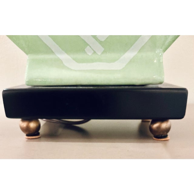 Stylish Port 68 Modern Green Bamboozled Palm Table Lamp, white fabric shade, gold accents, showroom floor sample