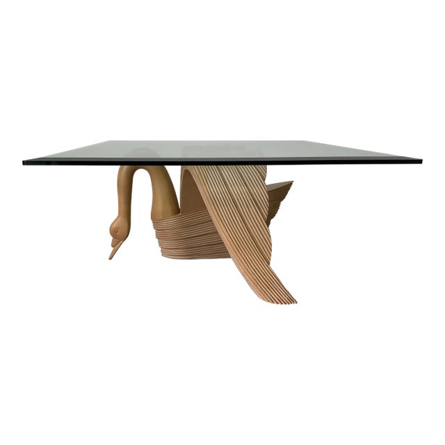 Vintage Coastal Carved Wood Swan Square Coffee Table With Beveled Glass Top/ Sold For Sale