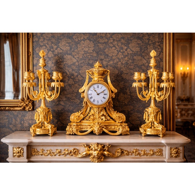 c.1860 Ad Mougin Louis XVI Gilt Bronze Clock Set, 3 PCS For Sale - Image 18 of 18