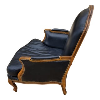 Vintage Black Leather Bergere Chair For Sale