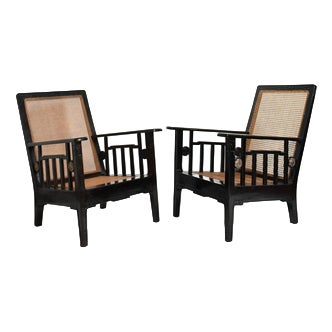 Colonial Ebonised Wood and Caning Armchairs, 1920s, Set of 2 For Sale