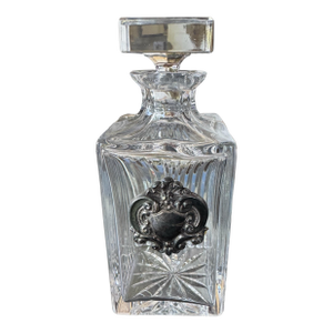 Vintage Atlantis Crystal Liquor Whiskey Striped Pattern Glass Decanter With Silverplate Crest