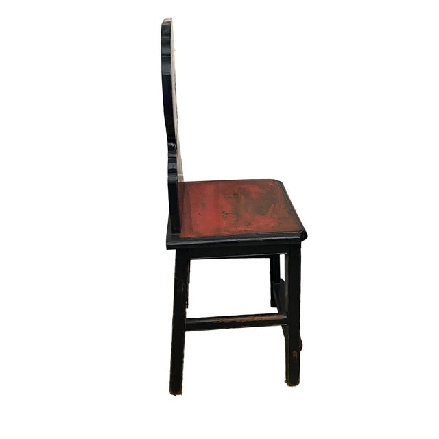 Superb Old Chinoiserie Carved & Painted Chinese Side Chair in red and black ,back with a medallion depicting delicate...
