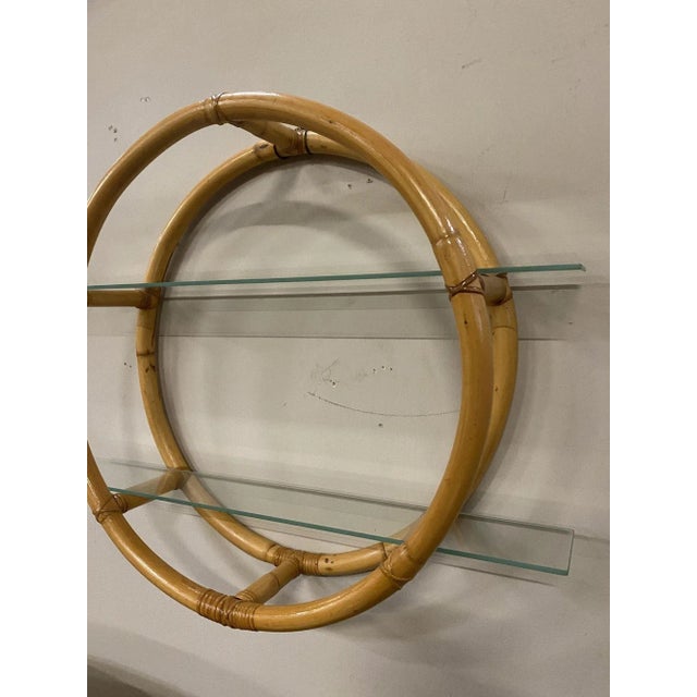 1950s Restored Circular Rattan Wall "Skeleton" Shelf W/ Glass Tiers For Sale - Image 5 of 9