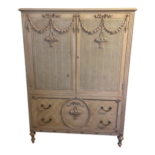 Vintage Royal Furniture Co. French Provincial Cane Armoire / Linen Press For Sale