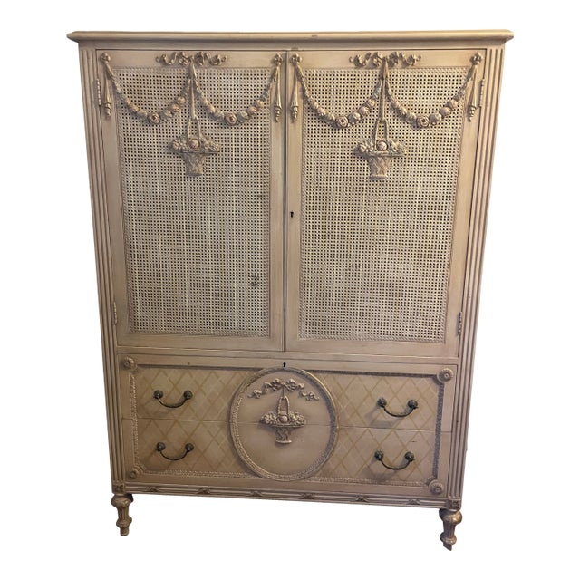 Vintage Royal Furniture Co. French Provincial Cane Armoire / Linen Press For Sale