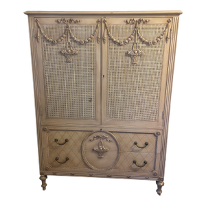 Vintage Royal Furniture Co. French Provincial Cane Armoire / Linen Press