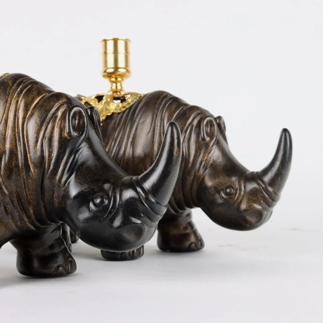 Rhinoceroses Plaster Candleholders by J. Luc Maisiere, 1900s, Set of 2 For Sale - Image 3 of 11