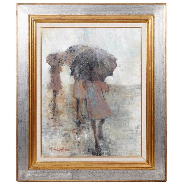 Michel De Gallard, French Expressionist School of Paris Oil Painting Women with Umbrellas Rainy Day, mid 20th C For Sale