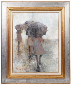 Michel De Gallard, French Expressionist School of Paris Oil Painting Women with Umbrellas Rainy Day, mid 20th C