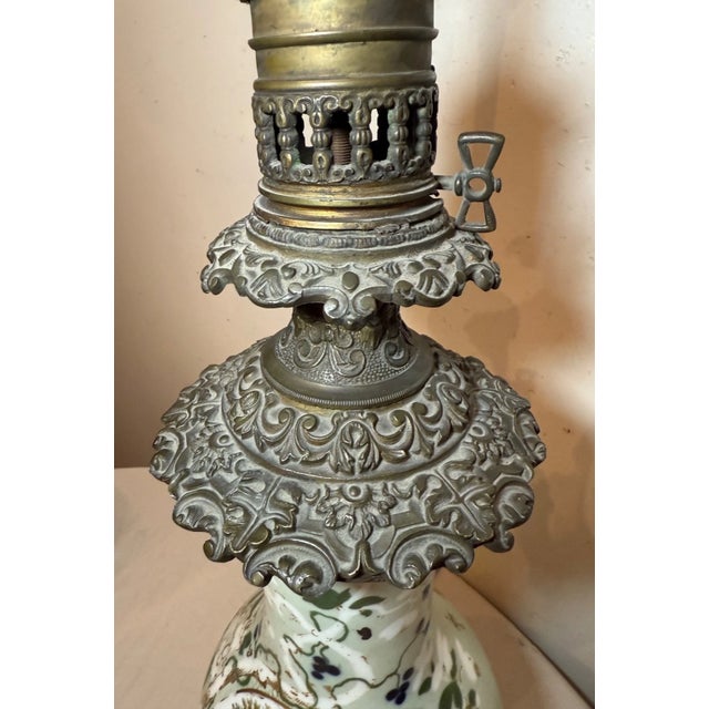 Huge 1800s Antique Ornate French Hand Painted Porcelain Bronze Kerosine Oil Lamp For Sale - Image 11 of 18