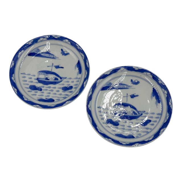 Antique Japanese Imari Arita Ware Porcelain Blue & White Plate Set For Sale