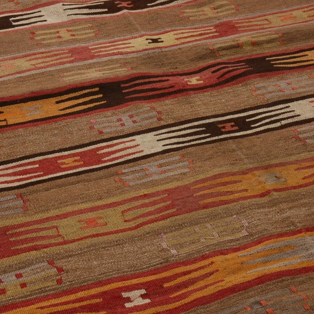 Vintage Mid-Century Geometric Beige-Brown and Yellow Wool Kilim Rug With Multicolor Accents For Sale - Image 4 of 5
