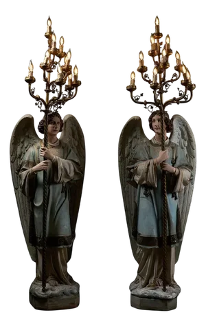 Antique Church Angel Candleholders with Brass Chandeliers, 19th Century, Set of 2