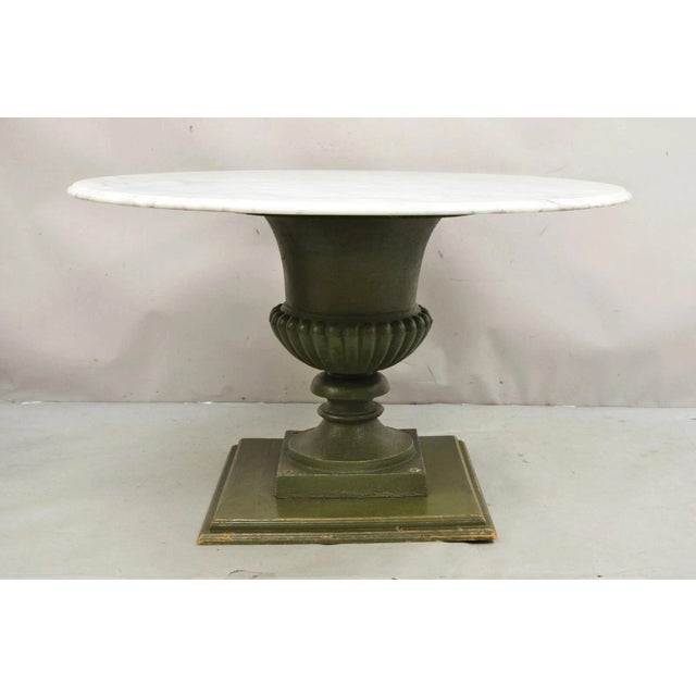 Vintage Italian Classical Style Large Cast Iron Urn Planter Form Pedestal Base Round Marble Top Dining Table. Item...