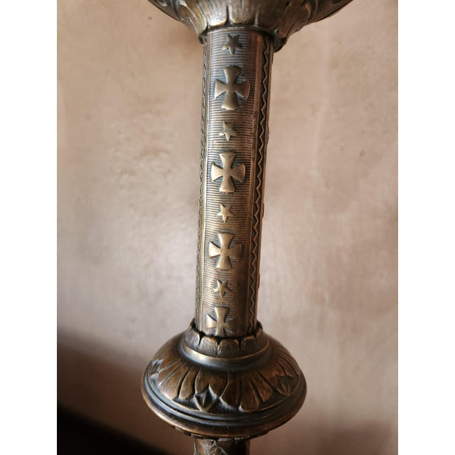 Large Antique Napoleon III Gothic Brass Church Candleholders, France, Set of 2 For Sale - Image 5 of 14