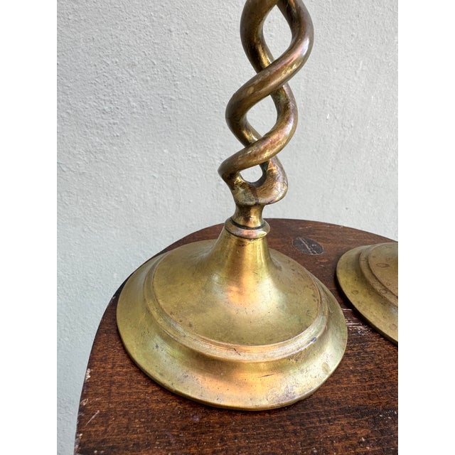 Metal Antique English Barley Twist Brass Candlesticks - A Pair For Sale - Image 7 of 10