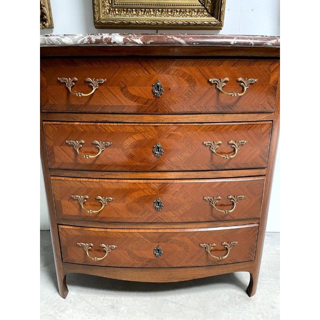 Wood Louis XIV Style Commode with Rosewood Marquetry Décor and Red Griotte Marble For Sale - Image 7 of 12