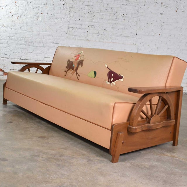 Mid Century Cowboy Western Wagon Wheel Convertible Dude Ranch Sofa