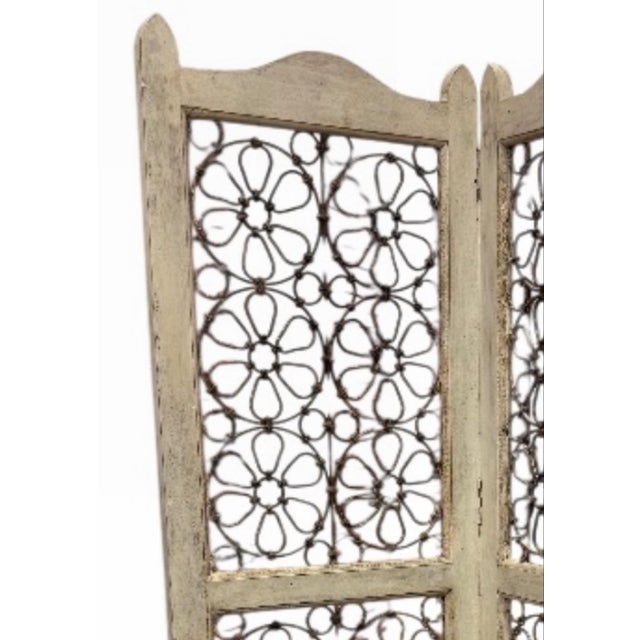Art Nouveau A Vintage Distressed White Three-Panel Asian Folding Screen With Floral Metal Inserts. For Sale - Image 3 of 3