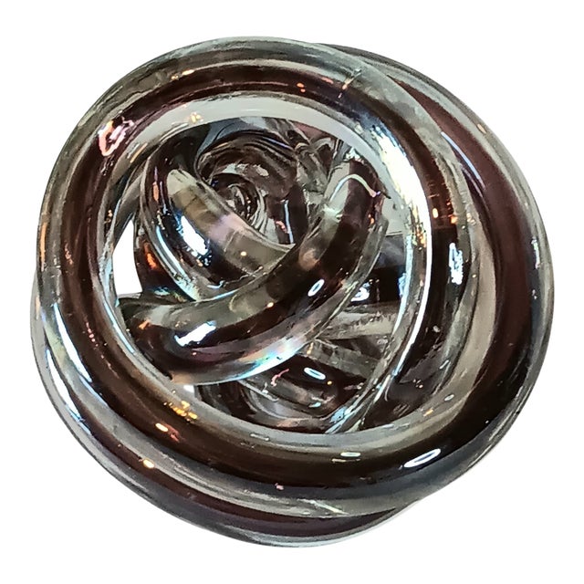 Abstract Art Glass Knot Twisted Infinity Decor Paperweight Clear & Purple Colors 4" X 3.5" For Sale