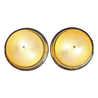 Vintage Ceiling Lamps with Brass Rim and Relief Glass Shade, 1970s, Set of 2 For Sale