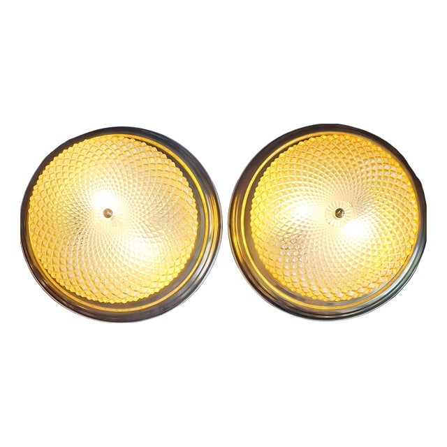 Vintage Ceiling Lamps with Brass Rim and Relief Glass Shade, 1970s, Set of 2 For Sale