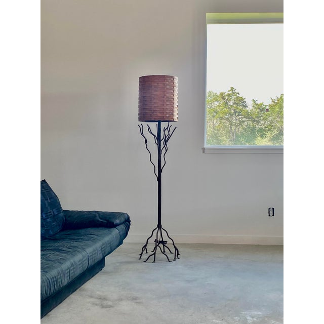 1970s Tree-Like Welded Iron Floor Lamp With Woven Wood Shade For Sale - Image 5 of 17