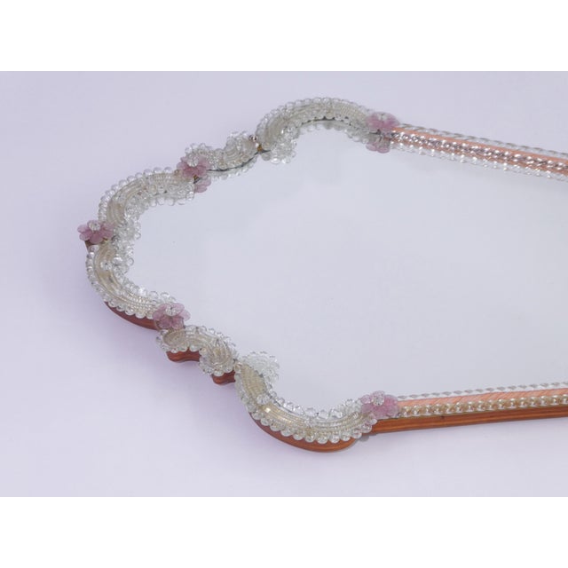 Mid-Century Italian Scalloped Murano Glass Wall Mirror with Pink Flowers, 1970s For Sale - Image 9 of 12