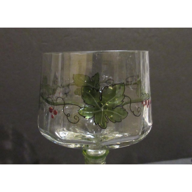 1900 - 1909 Antique Theresienthal Set of 6 Hand Enameled Roemer / Hock Wine Glasses With Uranium Glass Stems - Hans Christiansen 1900s For Sale - Image 5 of 8