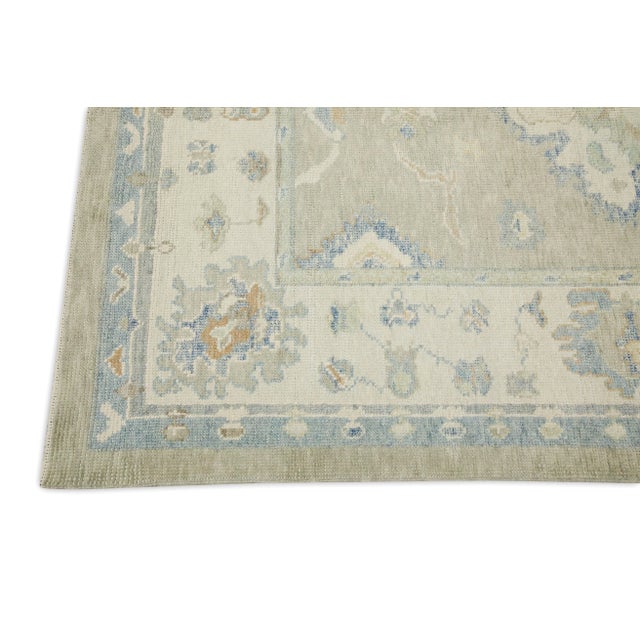 Modern Early 21st Century Green & Blue Floral Design Handwoven Wool Turkish Oushak Rug 5'1" X 6'9" For Sale - Image 3 of 7