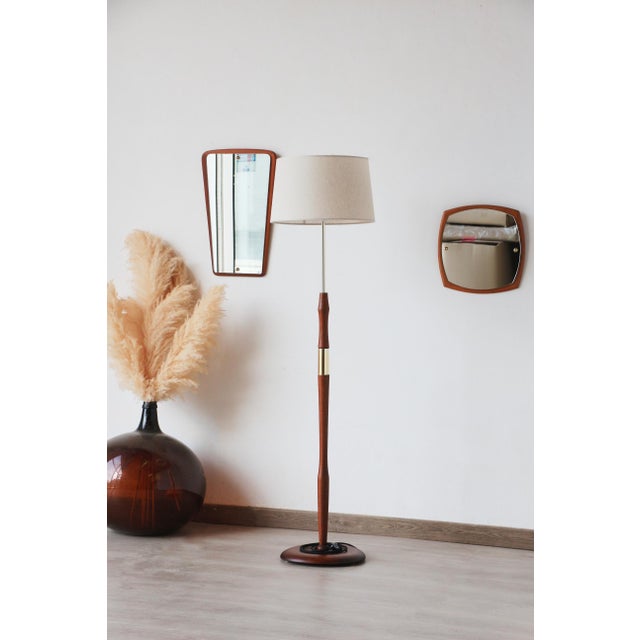 Vintage Scandinavian Floor Lamp in Wood and Gilded Brass with Beige Lampshade, 1960s For Sale - Image 10 of 12