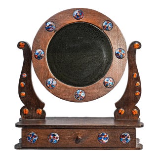 Beautiful Vintage Round Wood Table Mirror Stand Colorful Glass Cabochons With Drawer Boho Bohemian For Sale
