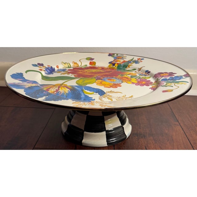Late 20th Century Large 16” MacKenzie-Childs Flower Market Pedestal Cake Stand W/ Courtly Check Base For Sale - Image 5 of 10
