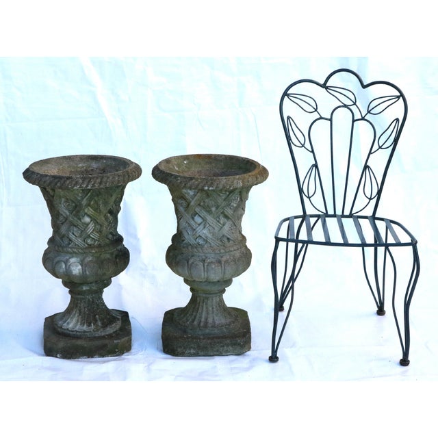 Vintage Large Concrete Garden Urns With Floral Rosetta Relief and Tudor Weave Design- A Pair For Sale - Image 11 of 13