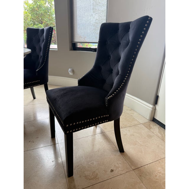 71” Round Vig Dining Table With Lazy Susan Plus 8 Black Velvet Chairs For Sale - Image 4 of 7