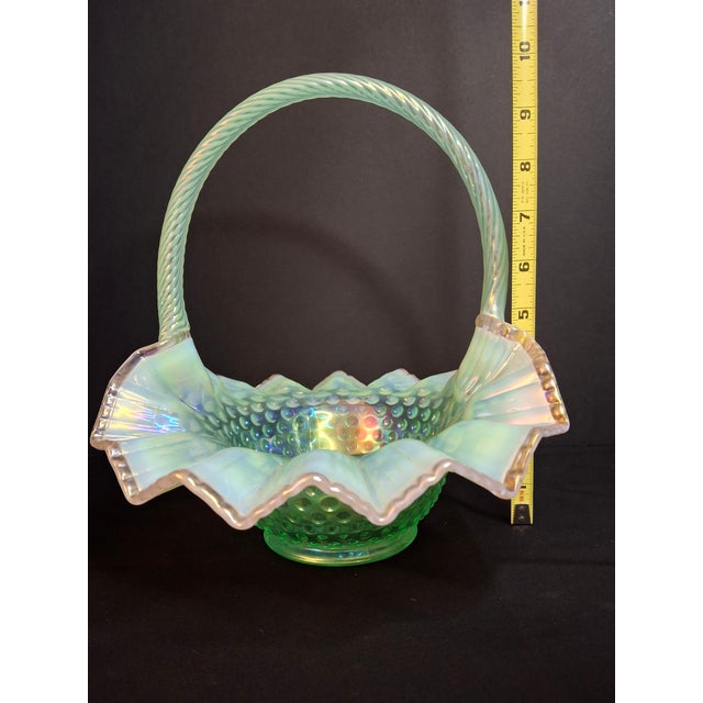 Vintage Fenton Green Opalescent Carnival Hobnail Glass Basket Ruffled Iridescent 10" For Sale - Image 16 of 16